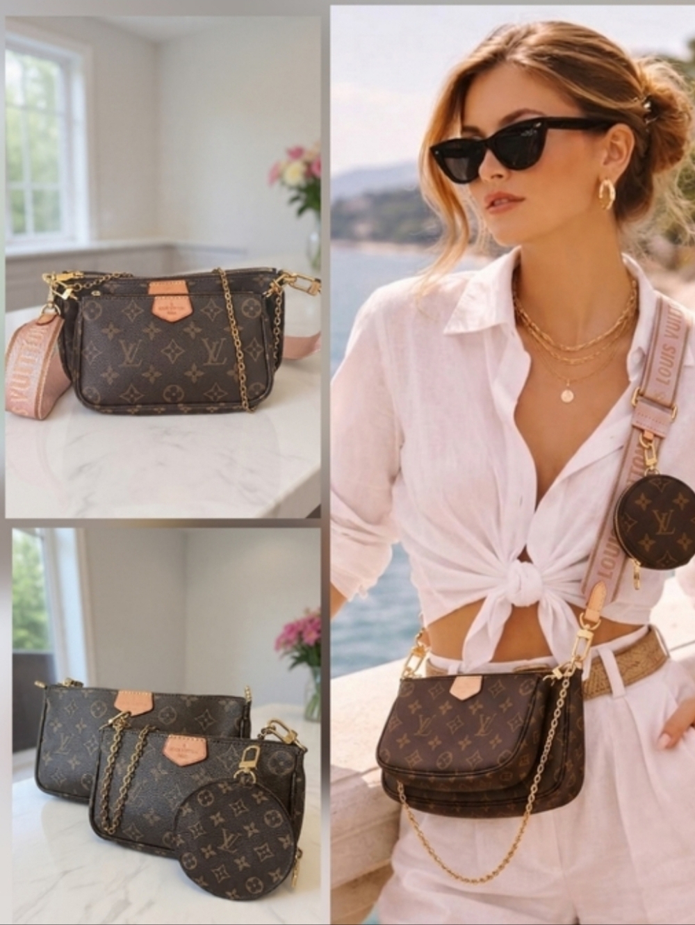 💓3 IN 1 Monogram Multi Pochette Accessory Crossbody Bag in Pink Strap